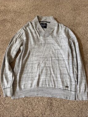 Buckle Light Gray V-Neck Shawl Collar Sweater